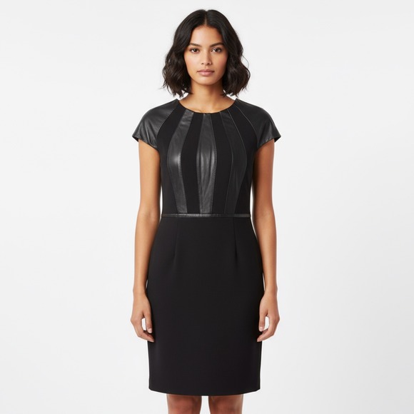 Escada Black Lamb Leather Panel Cap Sleeve Sheath Dress‎ Size 42/12